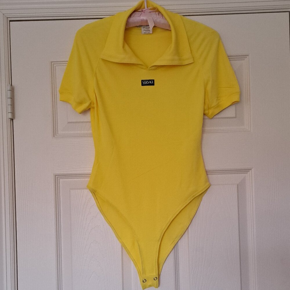 VERSACE Intensive Italy Body Suit Yellow Short Sleeve Sportswear Vintage Sz 10/M